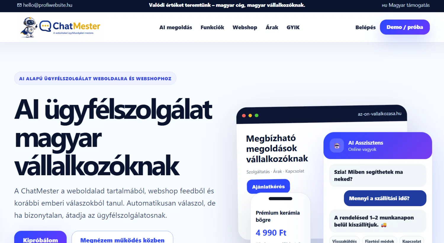 ChatMester AI ügyfélszolgálati chat bemutatója