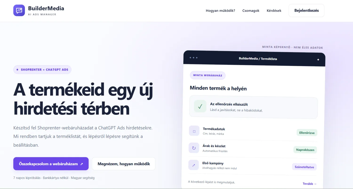 BuilderMedia AI Ads Manager terméklista és ellenőrzési felület