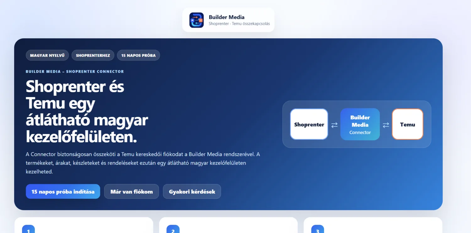 BuilderMedia Temu–Shoprenter Connector magyar kezelőfelülete